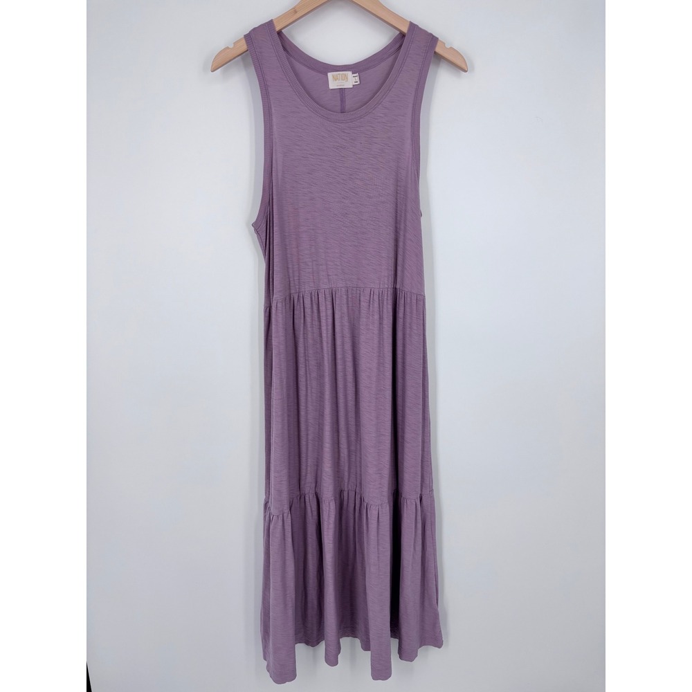 Nation LTD Melissa Dress Womens L Purple Tiered Midi Tank Pima Cotton Slub Knit